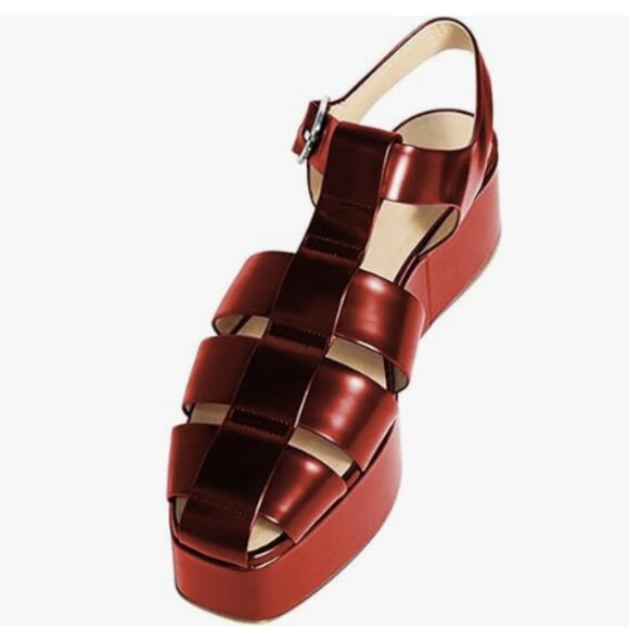 FOWT Women Square Toe Gladiator Sandals Ankle Strap Wedge Mid Heels Stable Red - Picture 1 of 7
